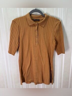 ZARA Ribbed Knit Polo Henley Top Camel Minimalist 90s Size M